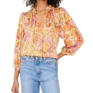 NWT Vince Camuto Raglan Sleeve Split Neck Peasant Blouse Orange Floral, size L